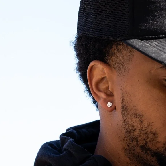 Nice Flower White Gold Iced Sterling Silver Cluster Screw Back Stud Earrings - Picture 4 of 5